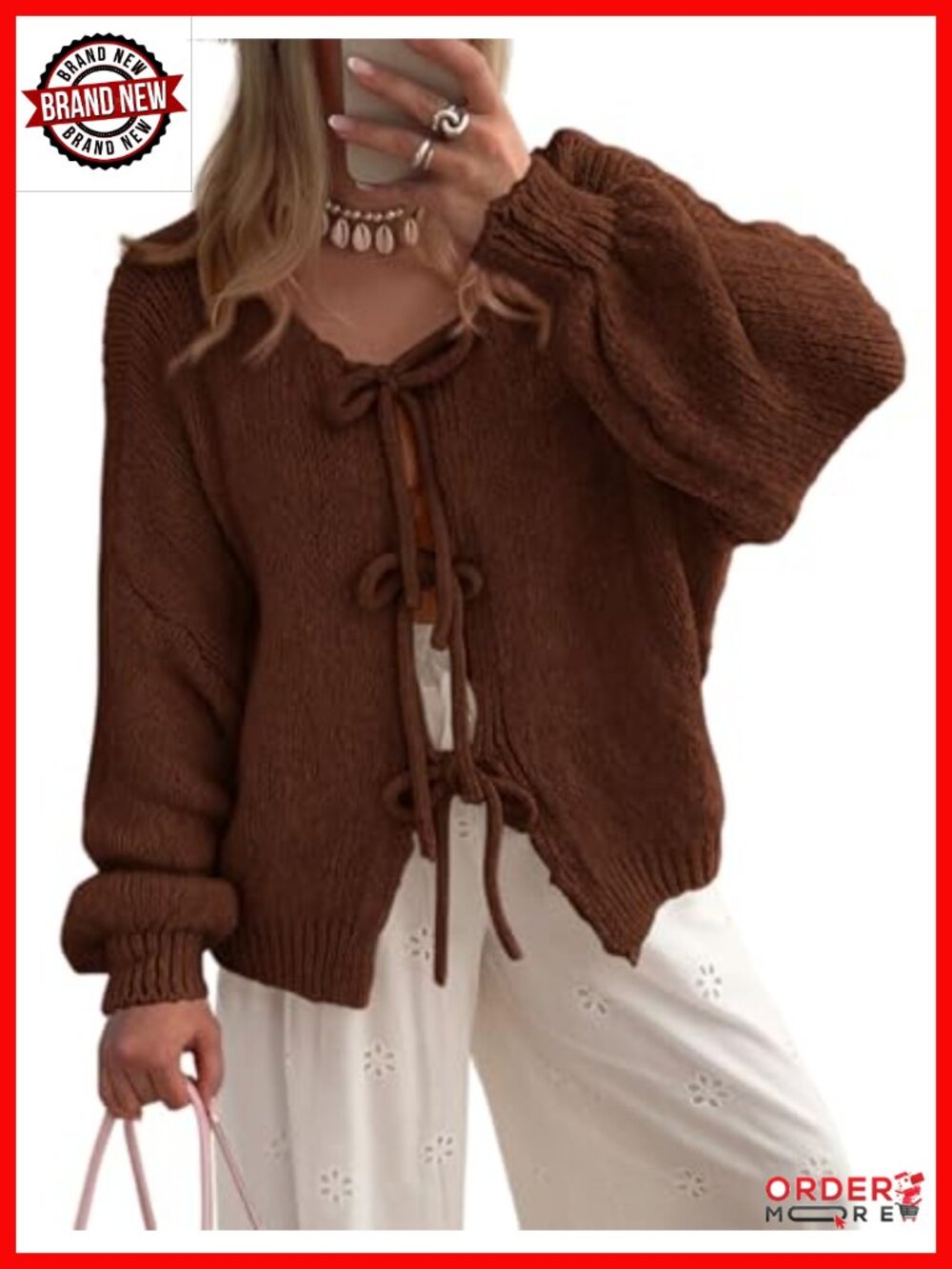 Women's Tie Front Bow Cardigan Sweater Long Sleeve Cable Knit Oversized